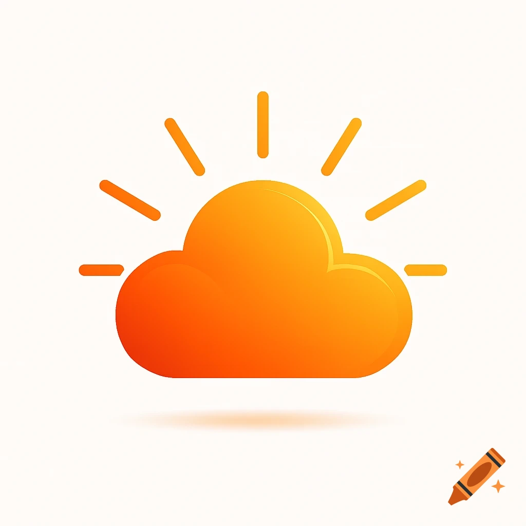 A sleek orange cloud with radiating lines like a sun icon, on a white background, in a clean, modern style.