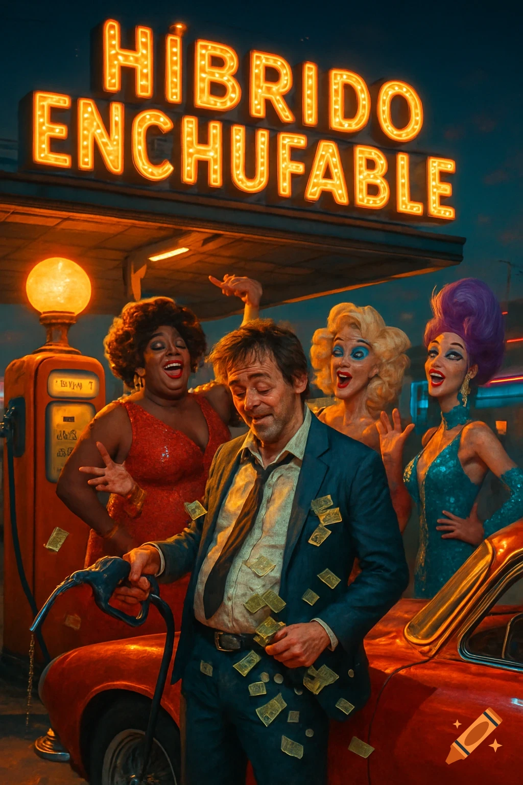 A man fueling a red car at a gas station at night, surrounded by three drag queens with money falling. A neon sign above reads 'HÍBRIDO ENCHUFABLE'.