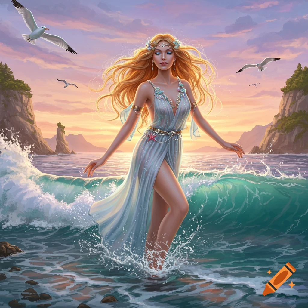 A beautiful blonde goddess in a flowing sheer dress steps out of the ocean at sunset with waves and seagulls, fantasy art.