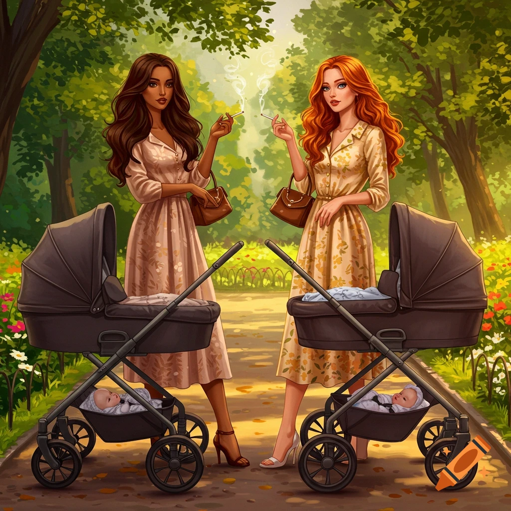 Illustrated scene of two women smoking cigarettes while standing by prams with babies in a sunny park.