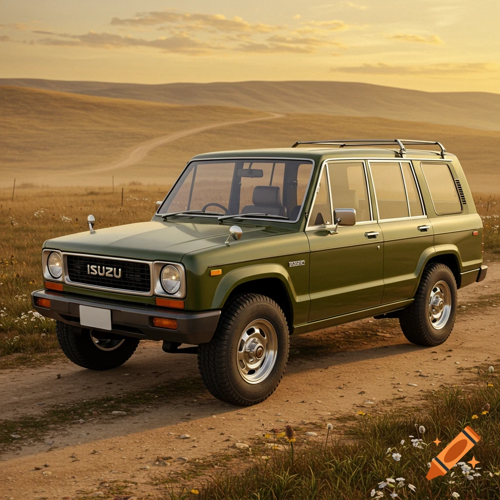 A vintage green Isuzu Trooper SUV drives on a dirt road through golden grassy hills under a sunset sky.