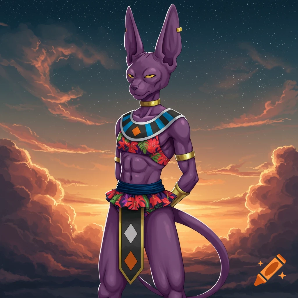 A muscular, purple, anthropomorphic cat-like deity with large ears, wearing a floral bikini and a god-like collar, stands against a sunset sky.