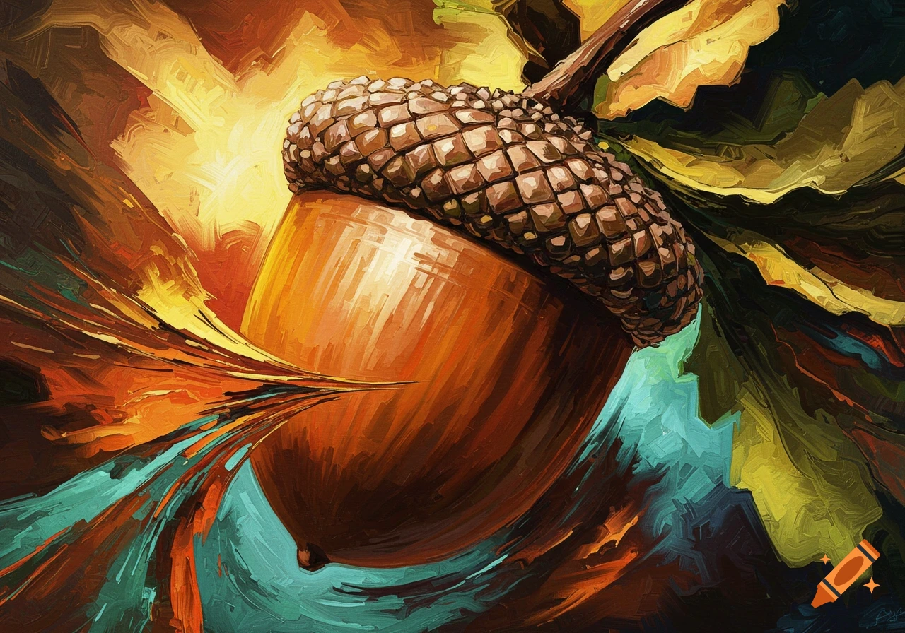 A vibrant, abstract painting of an acorn with dynamic lines and bold brushstrokes in orange, brown, and teal.
