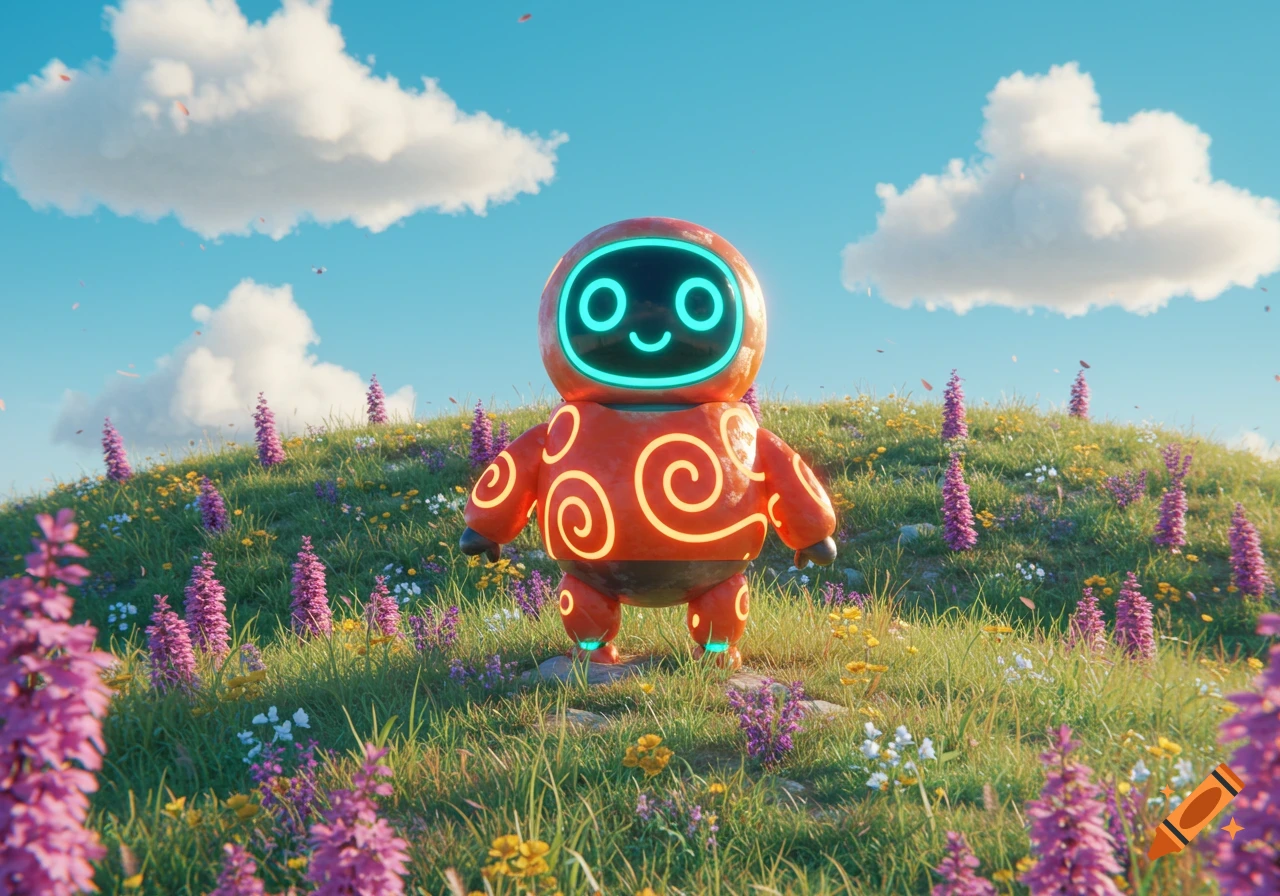 An adorable orange robot with glowing blue features and swirling patterns stands in a vibrant green field filled with purple and yellow flowers under a blue sky.