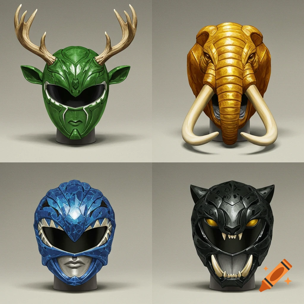 Four stylized Power Rangers helmets, including a green elk, a golden mastodon, a blue sloth, and a black smilodon design, displayed on a light background.