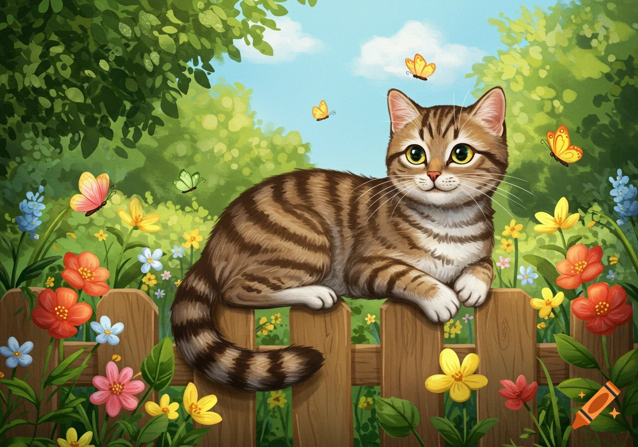 A cute brown tabby cat with green eyes lies on a wooden fence among colorful flowers and butterflies in a cartoon garden.