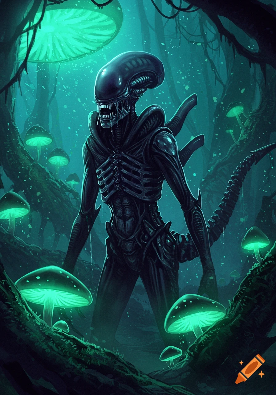 A dark, skeletal Xenomorph stands in a bioluminescent forest filled with glowing green mushrooms.
