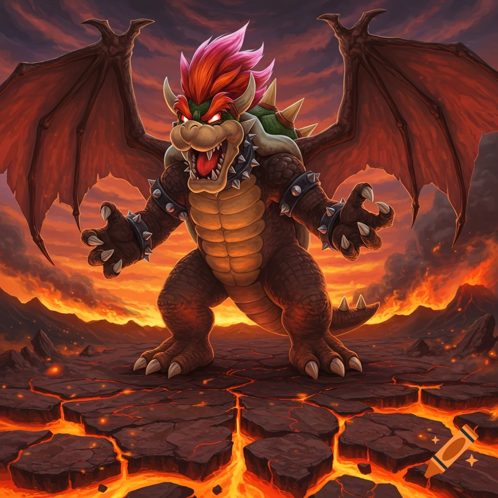Winged Bowser with fiery red hair roaring in a volcanic landscape with cracked earth and lava, highly detailed illustration.
