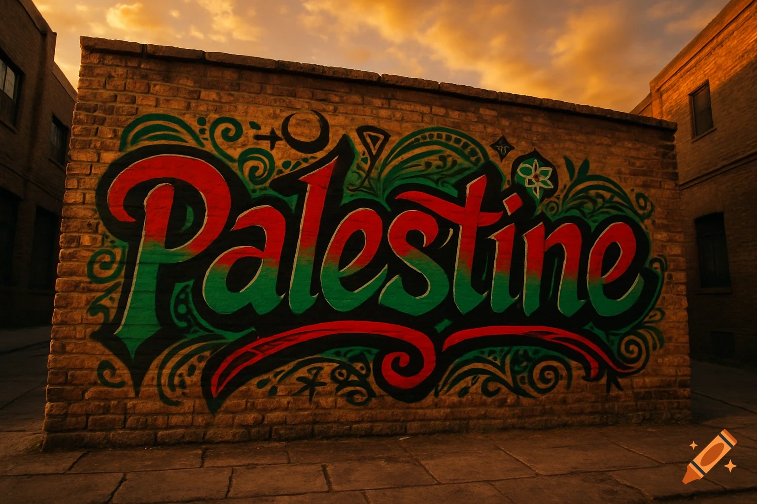 Photorealistic graffiti art spelling 'Palestine' in red and green on a brick wall in an alley under a cloudy sunset sky.
