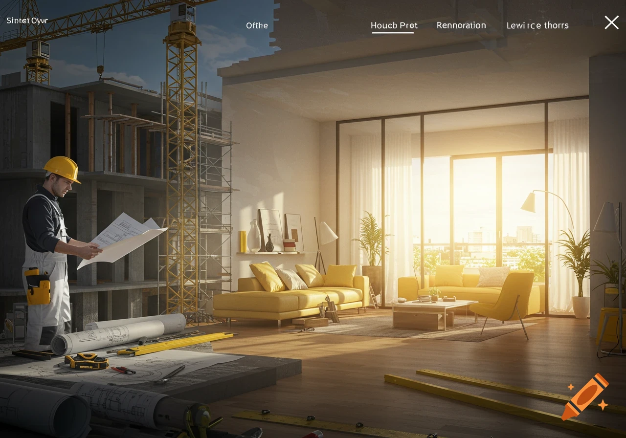 Photorealistic image of a construction worker reviewing blueprints, with a modern, light-filled apartment interior featuring yellow furniture.