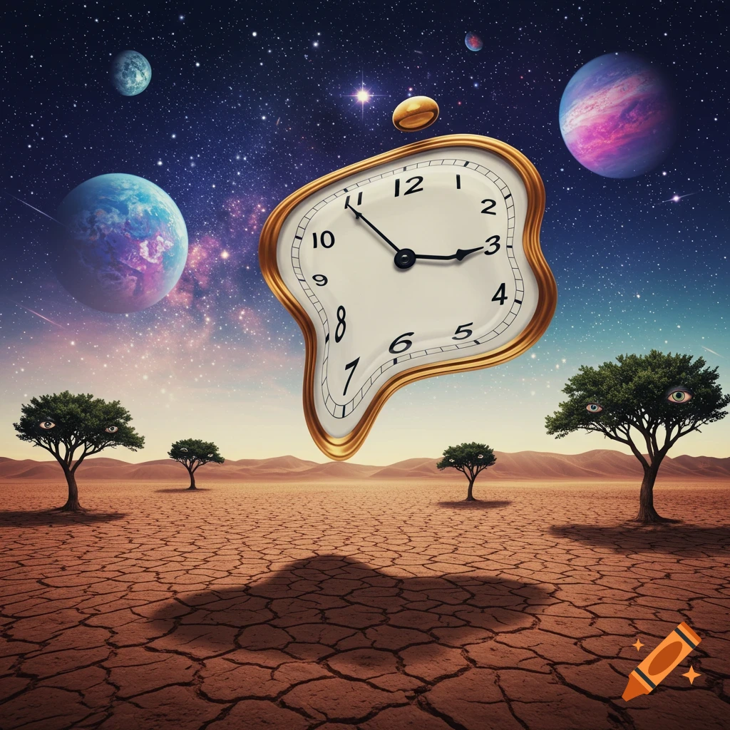 A melting clock floats above a cracked desert landscape with trees that have eyes, under a starry sky filled with colorful planets.