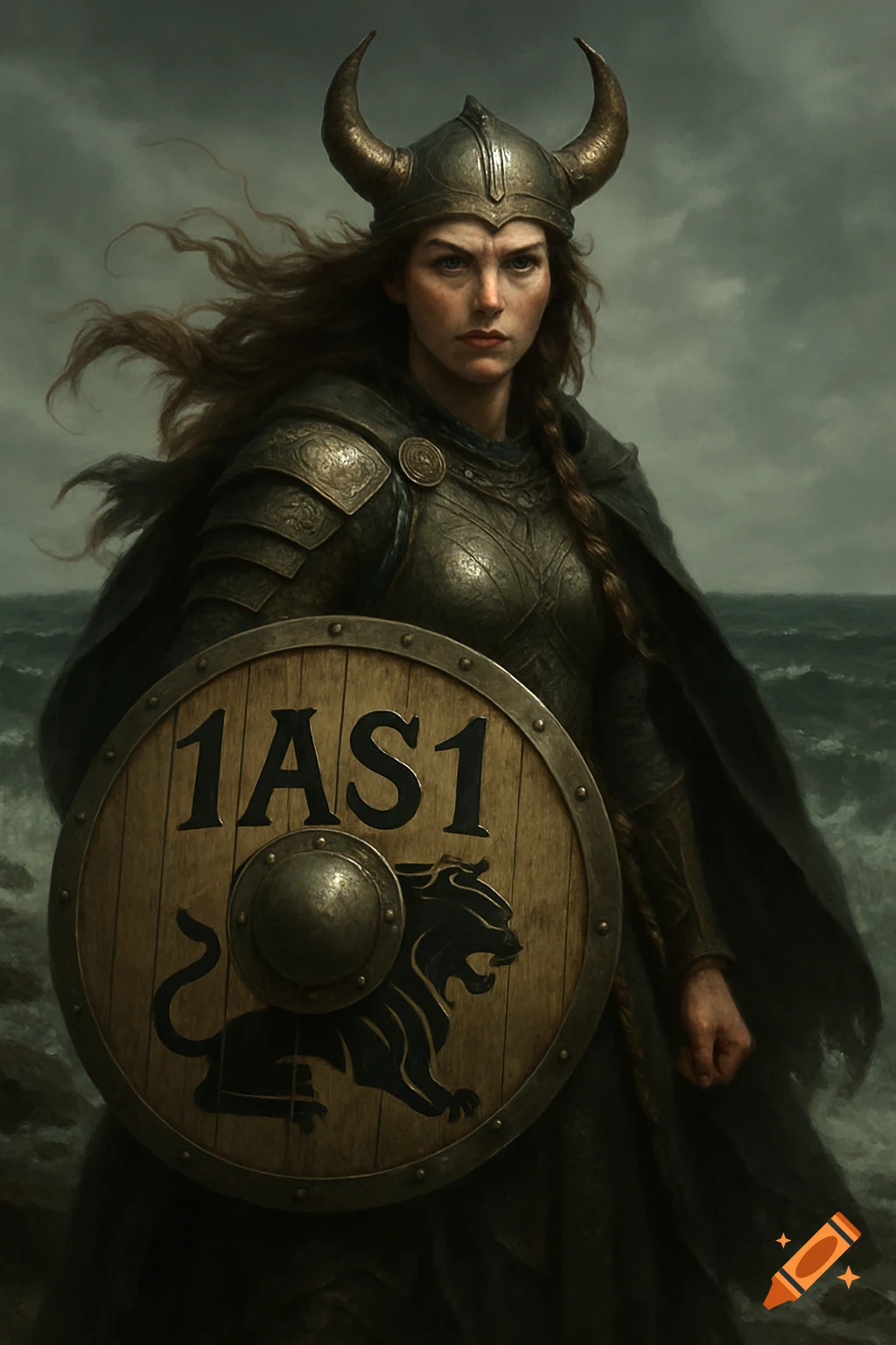 Photorealistic portrait of a Viking woman in horned armor holding a shield with '1AS1' and a lion emblem, stormy sea background.
