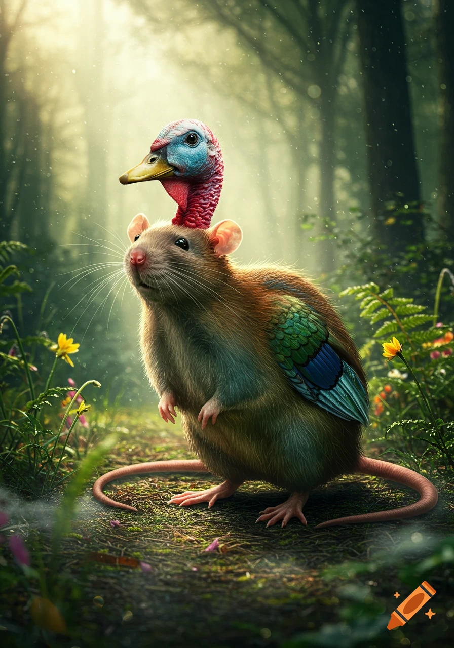 A detailed, photorealistic hybrid creature with a rat's body, turkey's head, and duck's bill stands on a misty forest path.
