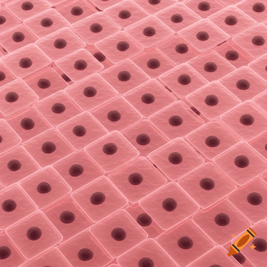 Magnified view of pinkish-red rectangular cells, each with a dark nucleus, arranged in a uniform grid pattern.