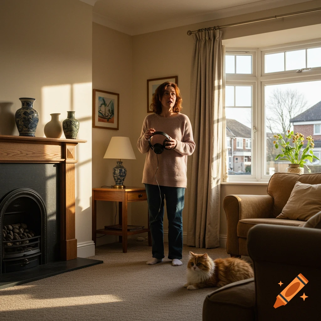 A woman with headphones looks up in a sunlit living room with a fireplace, next to an orange and white cat lying on the carpet.