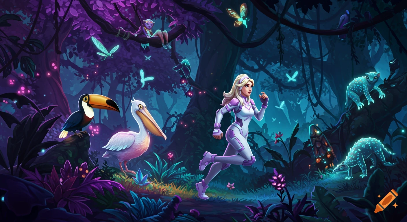 A female character in a white and purple futuristic bodysuit runs through a vibrant, bioluminescent jungle with glowing animals.