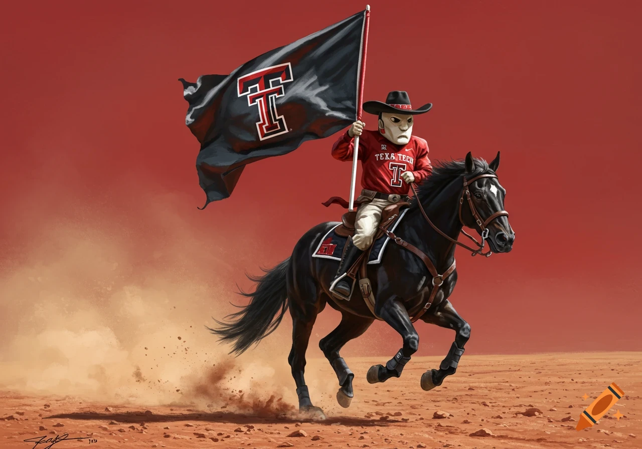 A masked Texas Tech mascot in a cowboy hat and red shirt rides a black horse across a dusty plain, holding a black flag with a red T logo.