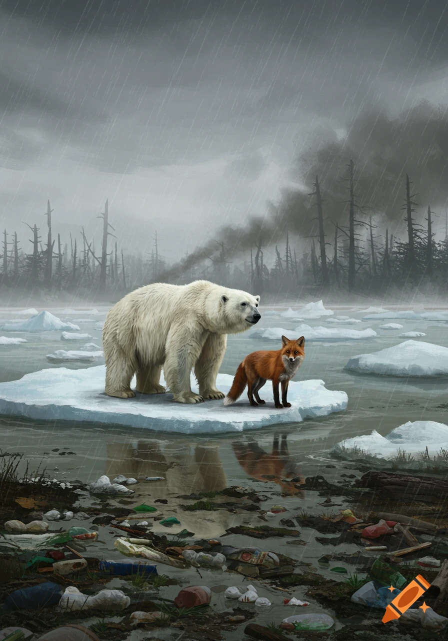 Digital painting of a polar bear and fox on a melting ice floe, surrounded by polluted water, dead trees, and smoke under a rainy sky.
