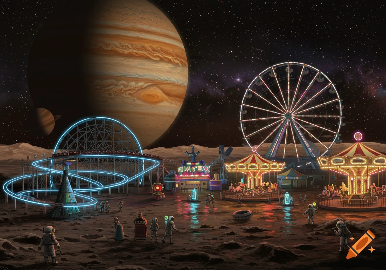 A vibrant, neon-lit amusement park on a desolate moonscape, with Jupiter and its moon in a starry background, visited by astronauts.