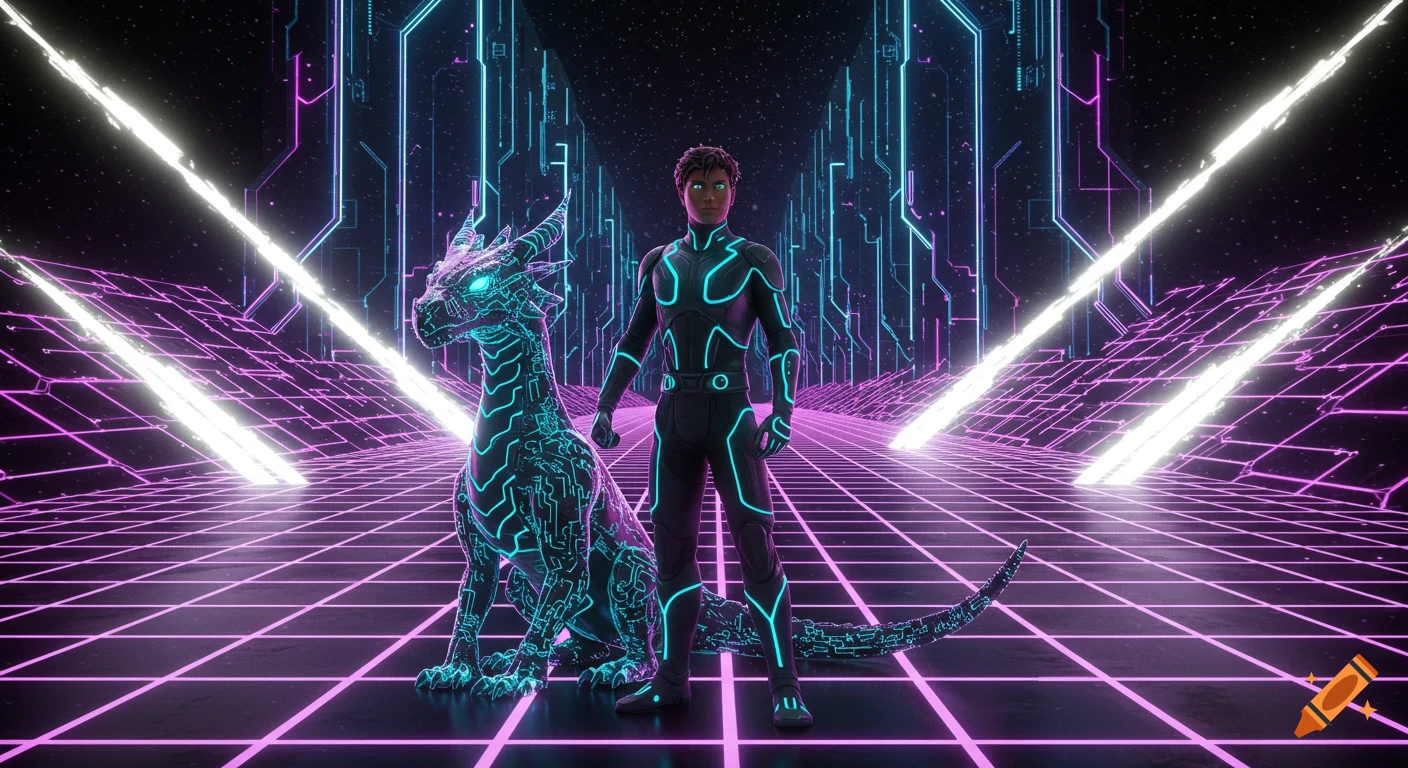 A person and a glowing circuit dragon in a neon blue and purple grid world, digital art.