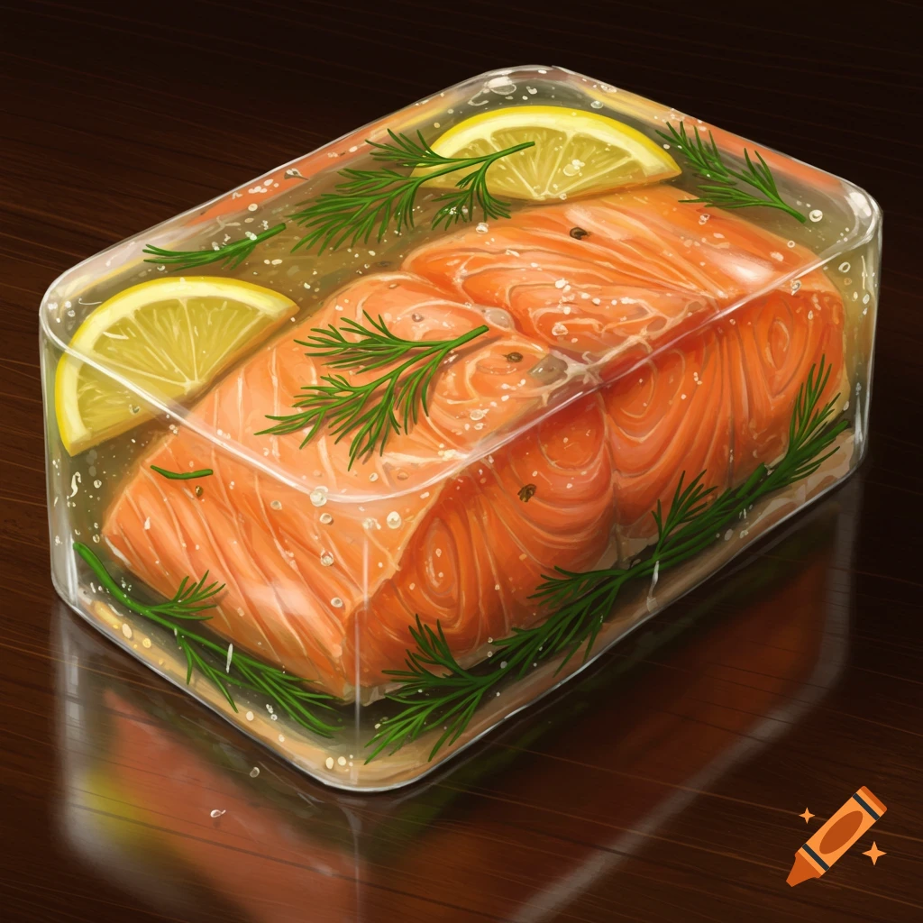 A block of salmon in clear jelly with lemon slices and dill, resting on a dark wooden table.