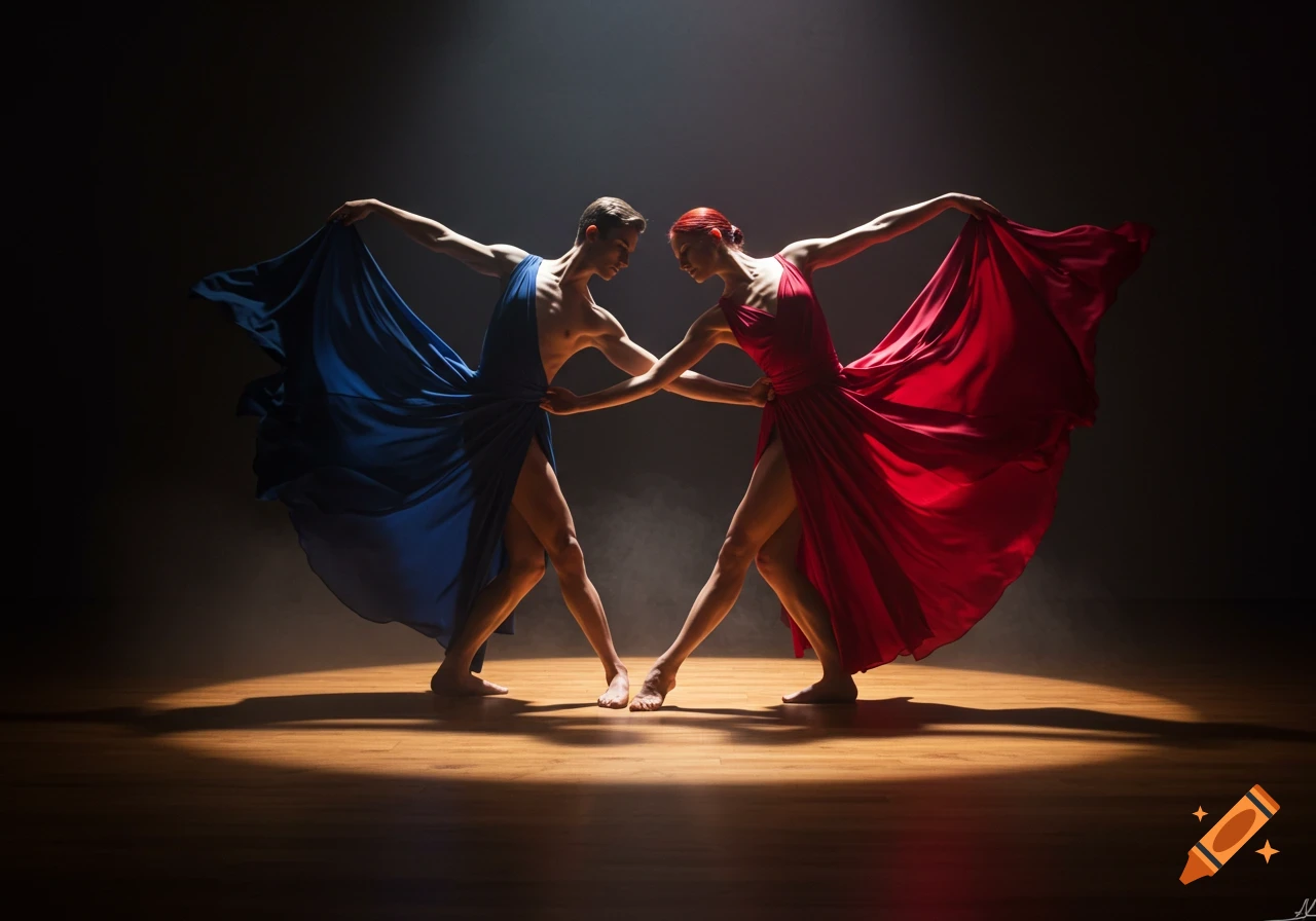 Two dancers in flowing blue and red gowns strike a pose on a spotlight-lit wooden stage with dark background.