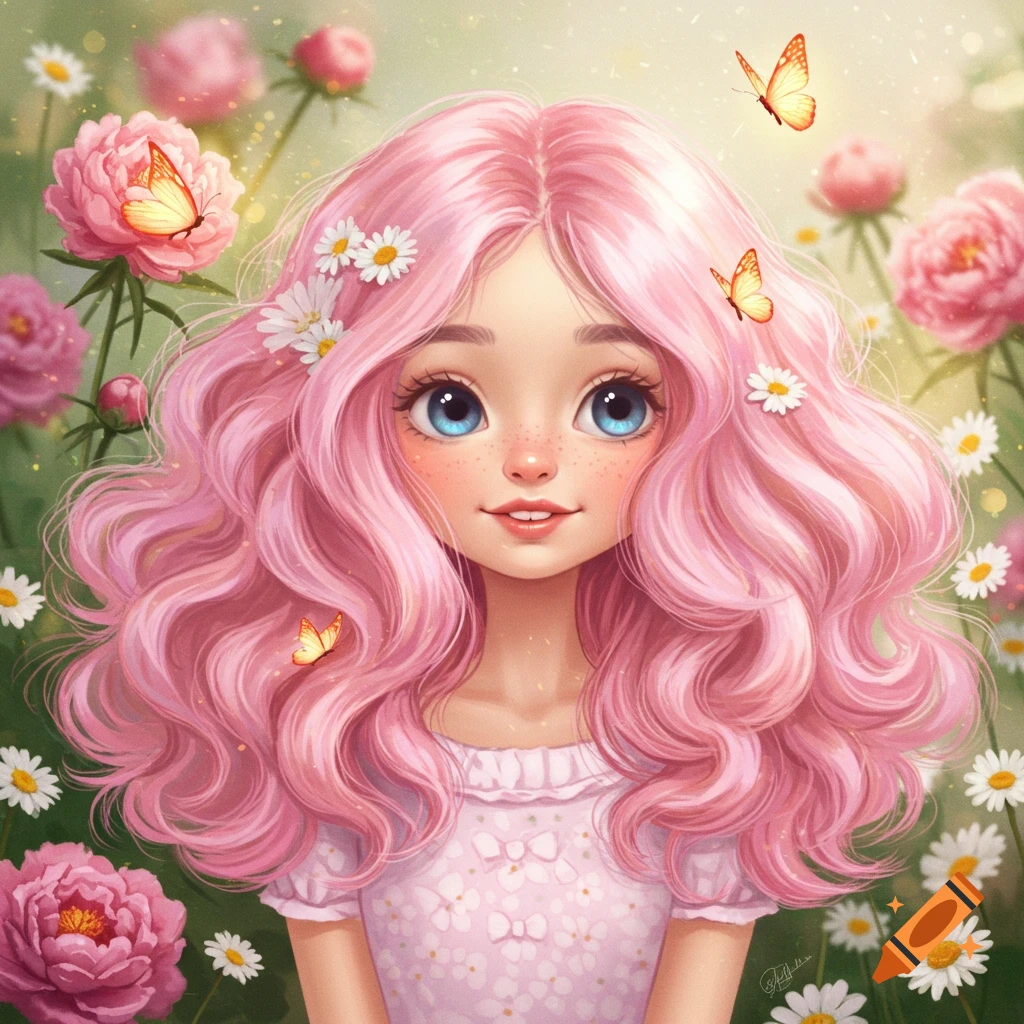 A whimsical illustration of a smiling cartoon girl with long pink hair and blue eyes, adorned with daisies, in a field of pink flowers and butterflies.