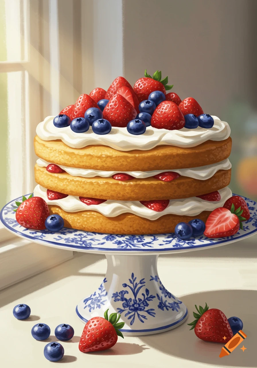 A beautifully illustrated three-tiered cake with white frosting, topped with fresh strawberries and blueberries, on a blue and white patterned stand.
