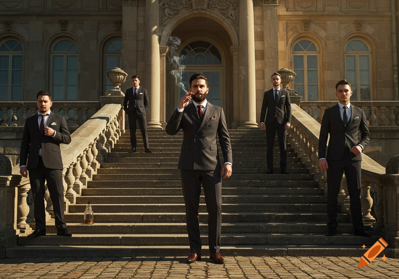 A man with a beard in a double-breasted suit smokes a cigar on the steps of a grand palace, surrounded by four other men in suits.