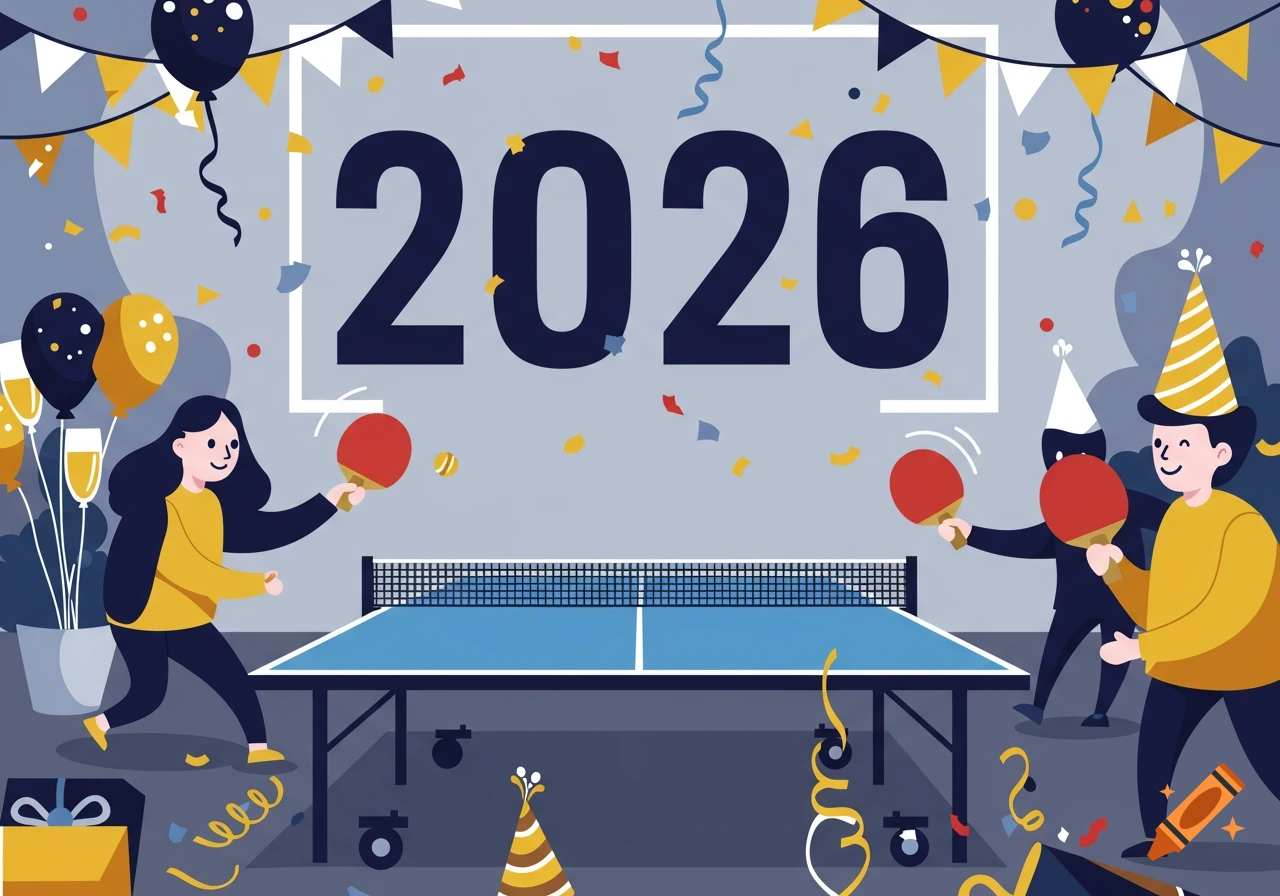 Flat illustration of people playing table tennis at a New Year's 2026 celebration with balloons and confetti.