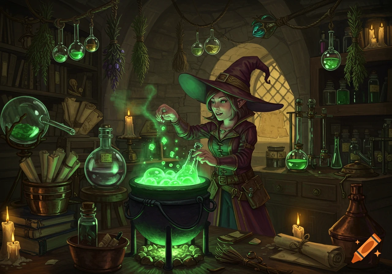 A half-elf witch with a pointy hat creates a glowing green potion in a detailed, dimly lit alchemy lab, surrounded by flasks and herbs.