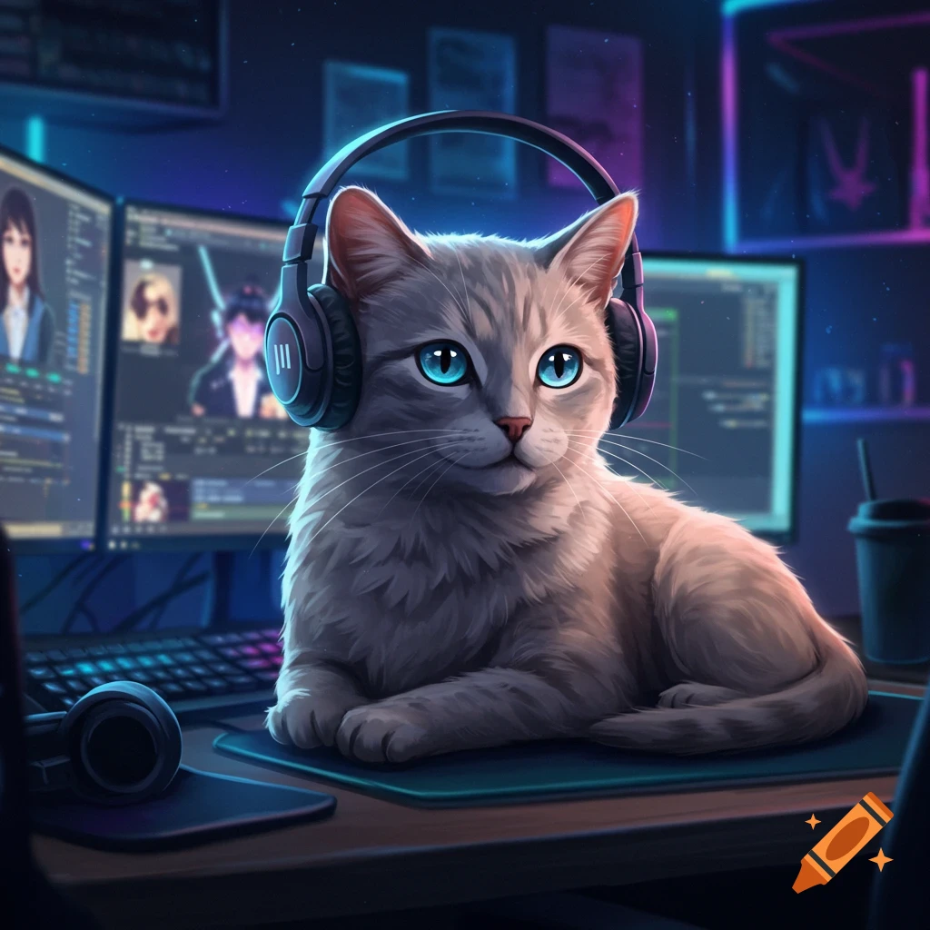A grey cat wearing headphones sits on a desk in a neon-lit gaming room with multiple computer screens.