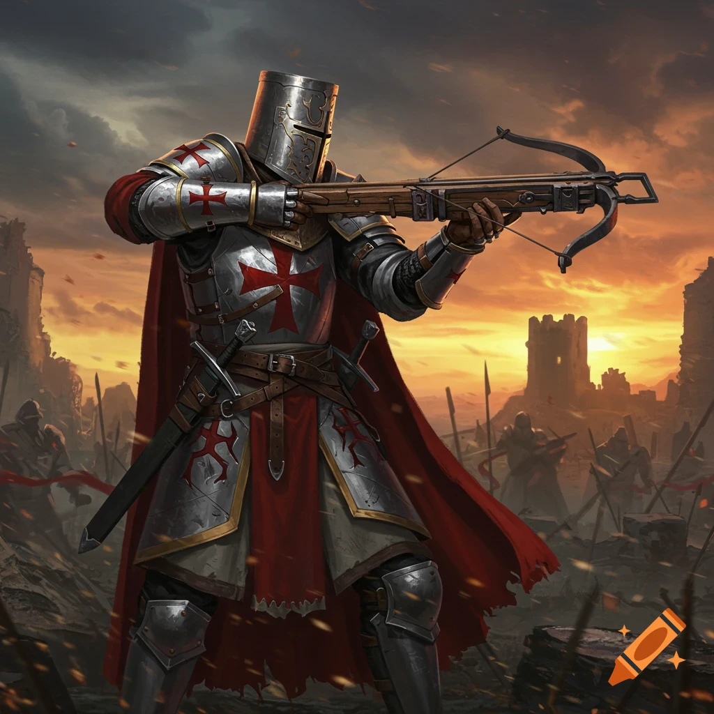 A Templar knight in armor aims a crossbow on a battle-scarred field with a ruined castle at sunset in a digital painting.