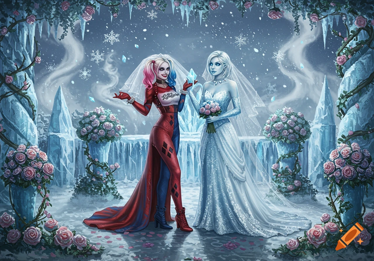 Harley Quinn in red and blue wedding attire with Killer Frost in a white gown, holding a bouquet in an icy, rose landscape.