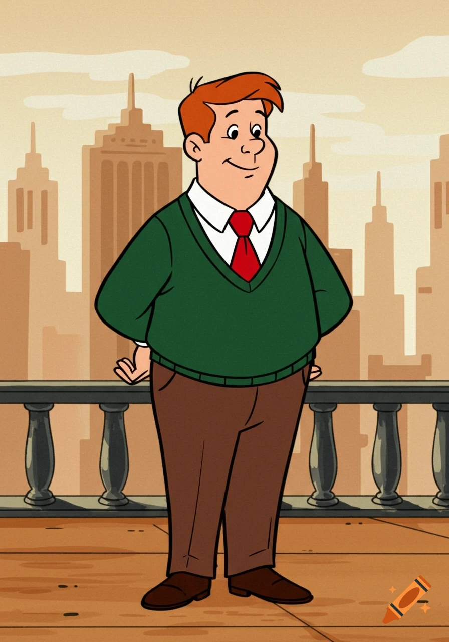 A ginger cartoon man in a green sweater and red tie stands on a balcony overlooking a city in a Hanna-Barbera style.