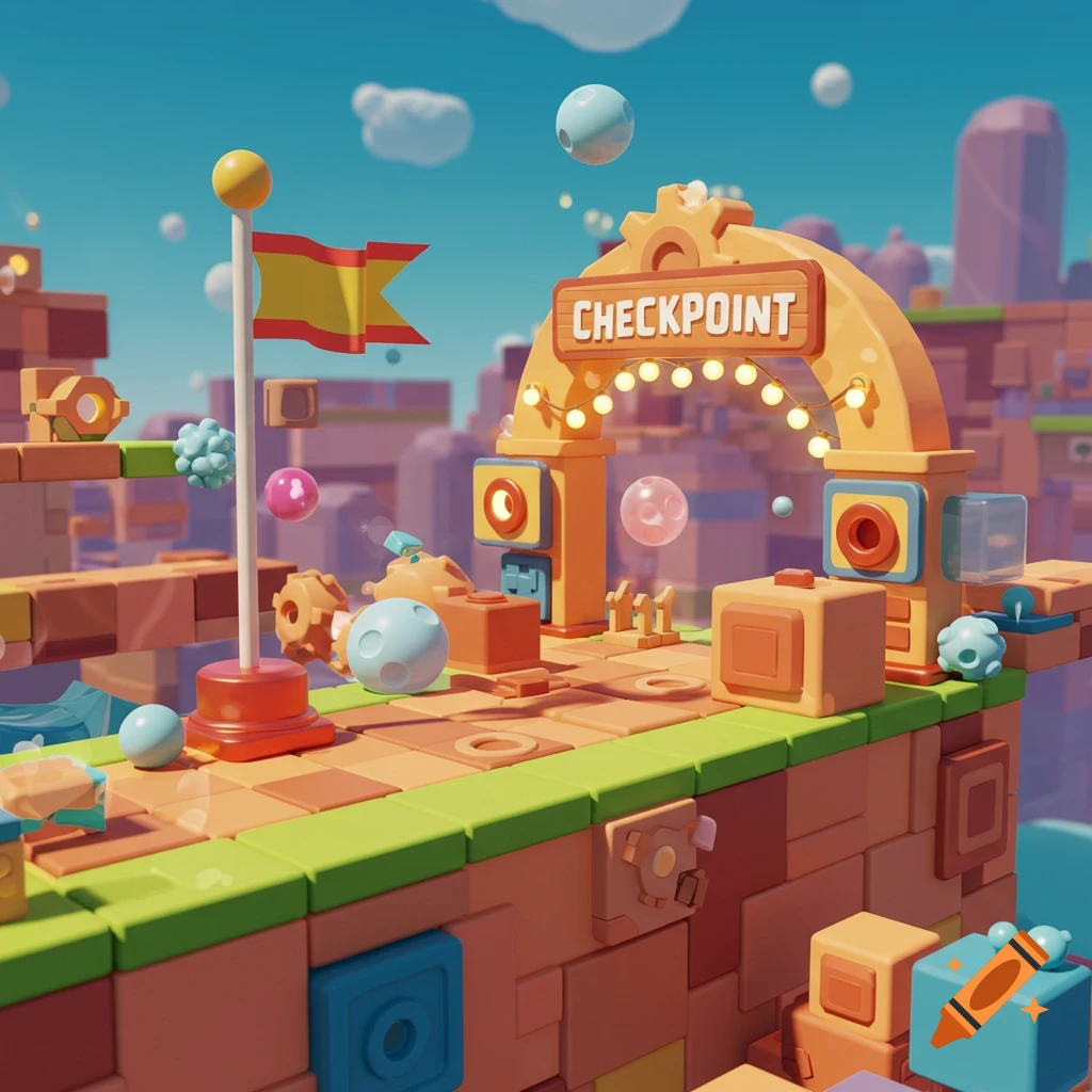 A colorful 3D rendered cartoon-style video game level featuring a 'CHECKPOINT' archway, a red and yellow flag, and floating blocks and spheres under a blue sky.