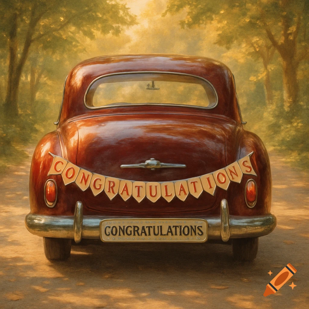 A painterly depiction of the back of a vintage maroon car with 'CONGRATULATIONS' bunting and license plate, driving on a dirt road through sunlit trees.