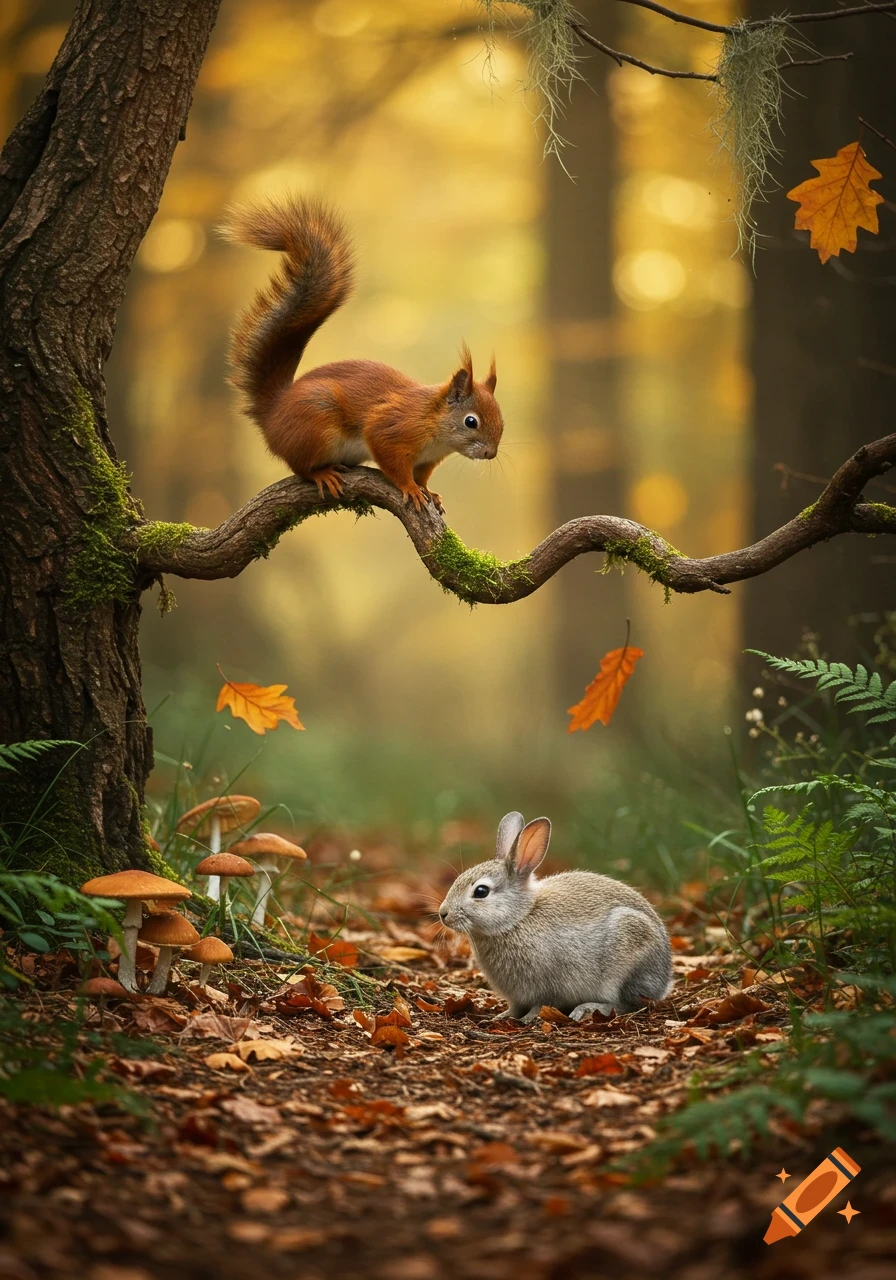A red squirrel on a mossy branch looks down at a rabbit on a leaf-covered forest floor in an autumn forest.