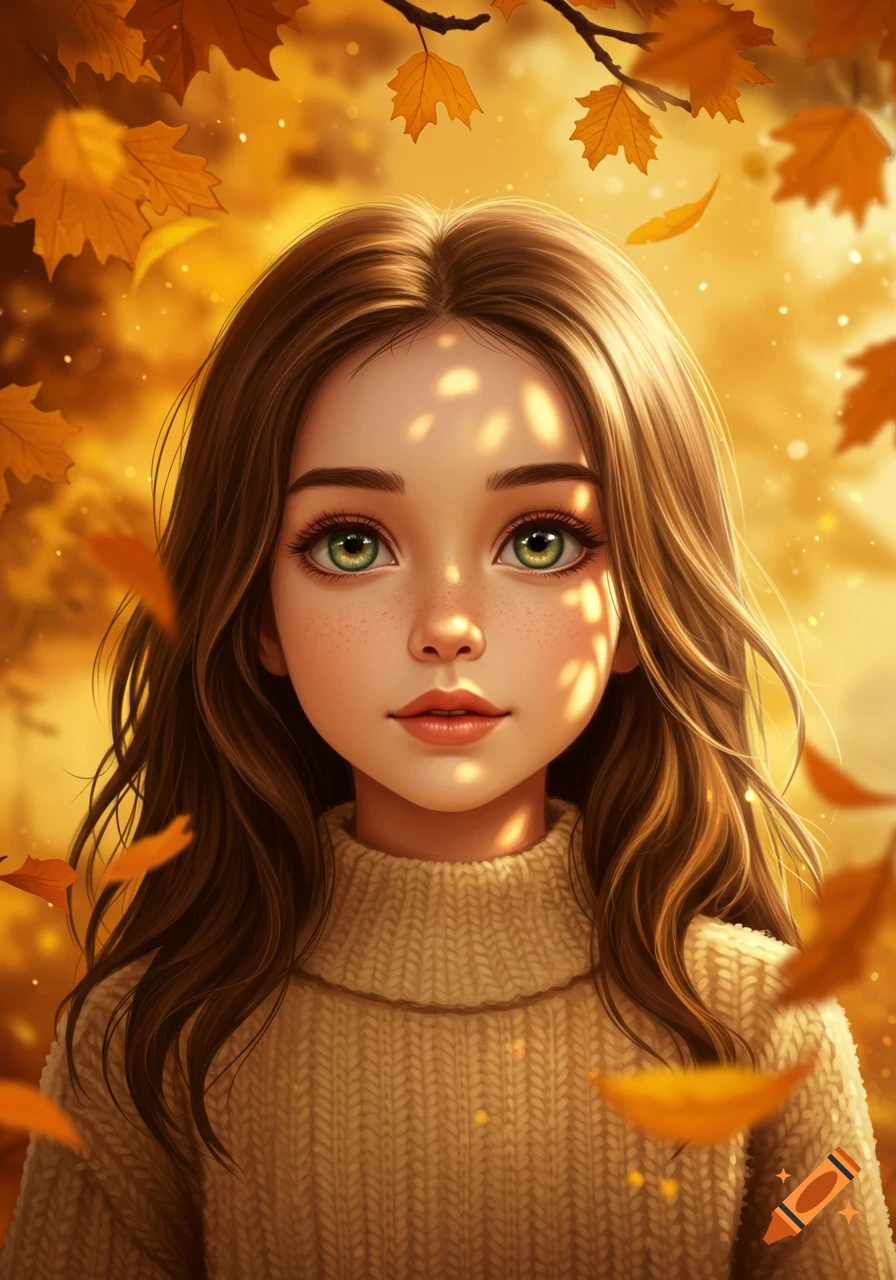 Digital art illustration of a young girl with brown hair and green eyes, wearing a beige sweater, surrounded by autumn leaves.