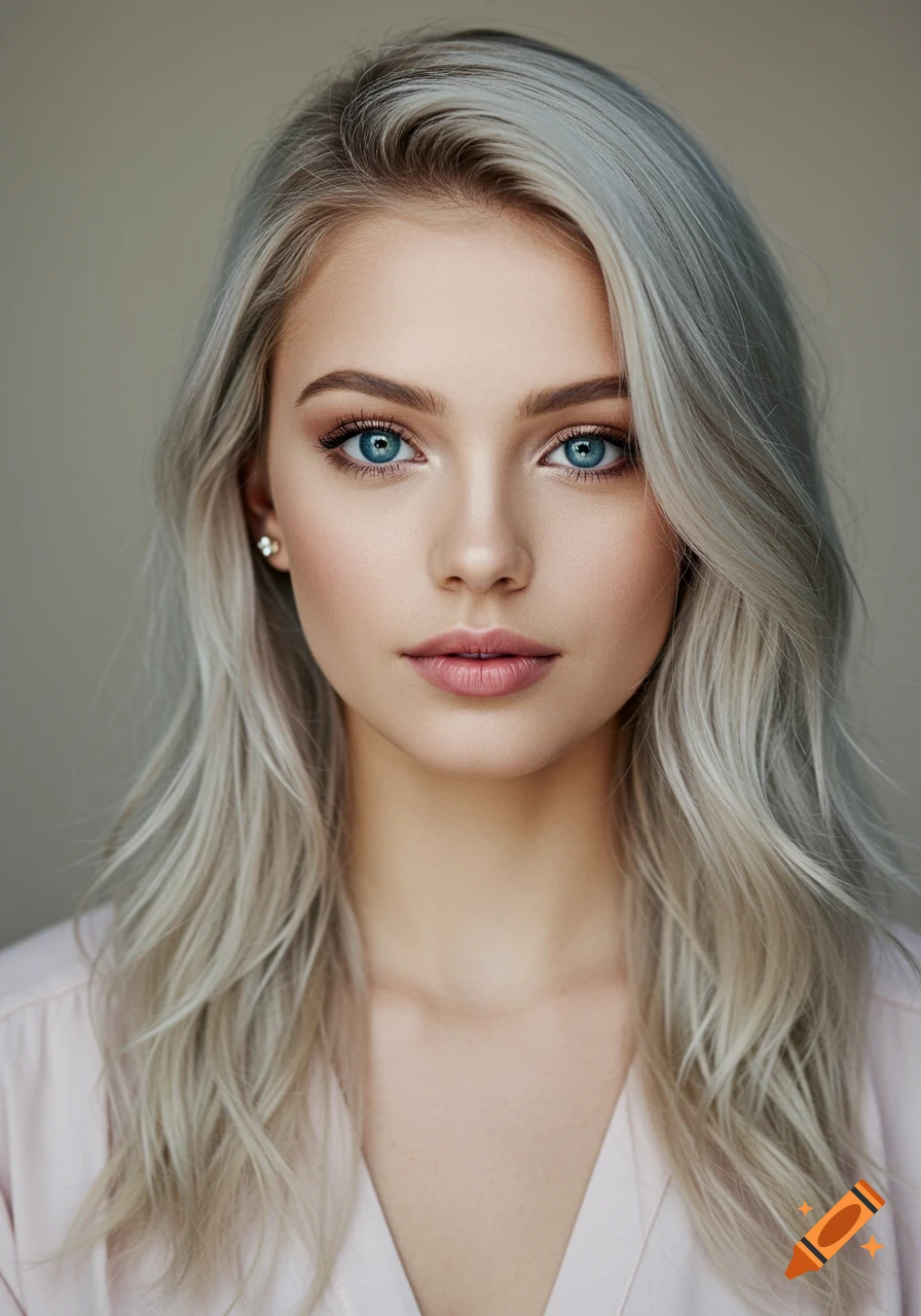 A photorealistic portrait of a young woman with platinum blonde hair and striking blue eyes, looking directly at the viewer.