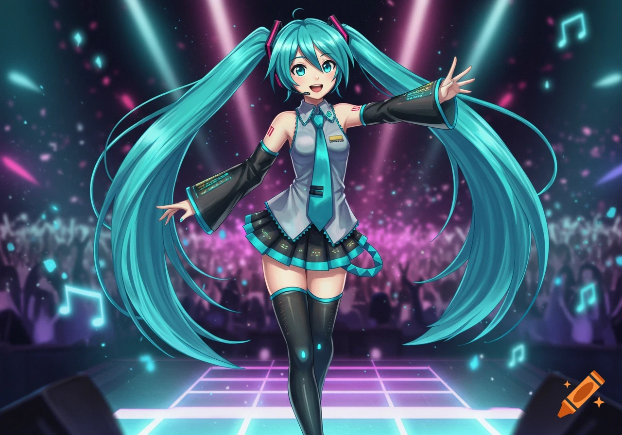 Anime character Hatsune Miku with long turquoise pigtails poses on a neon-lit stage, smiling at a concert crowd.