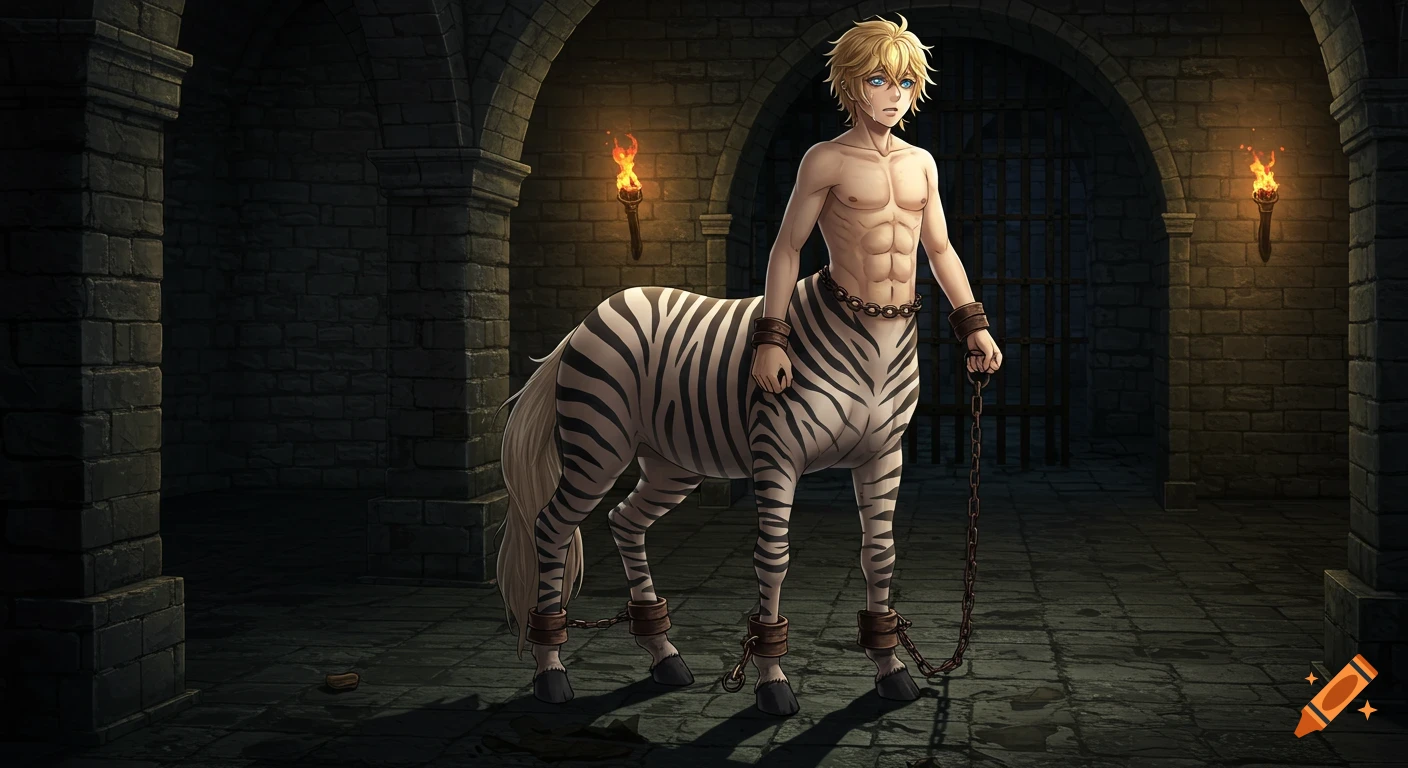 A distressed blond centaur with a zebra body is shackled in a dark anime-style castle dungeon.