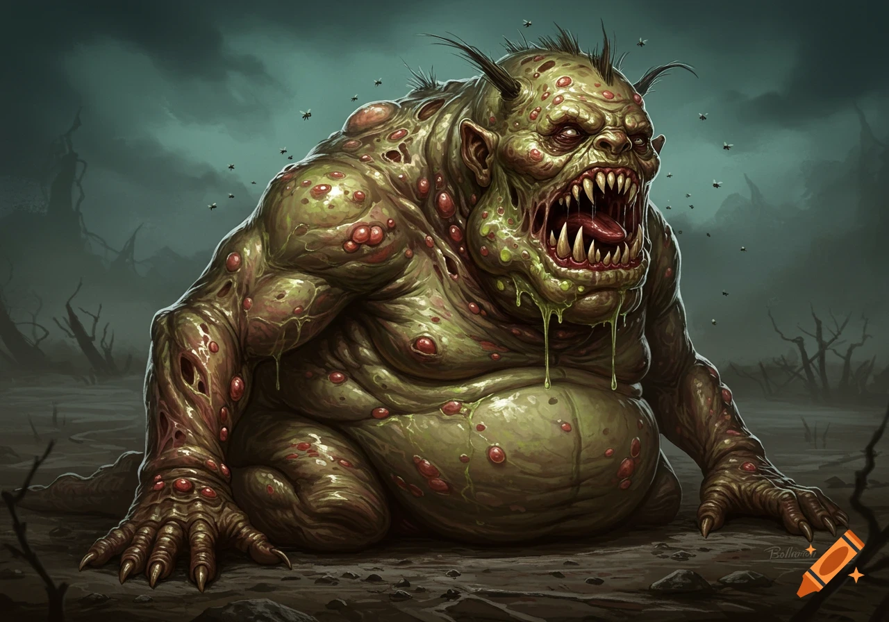 A grotesque, green-skinned monster with pustules, sharp teeth, and drooling slime, sitting in a desolate swampy landscape with flies buzzing around it.