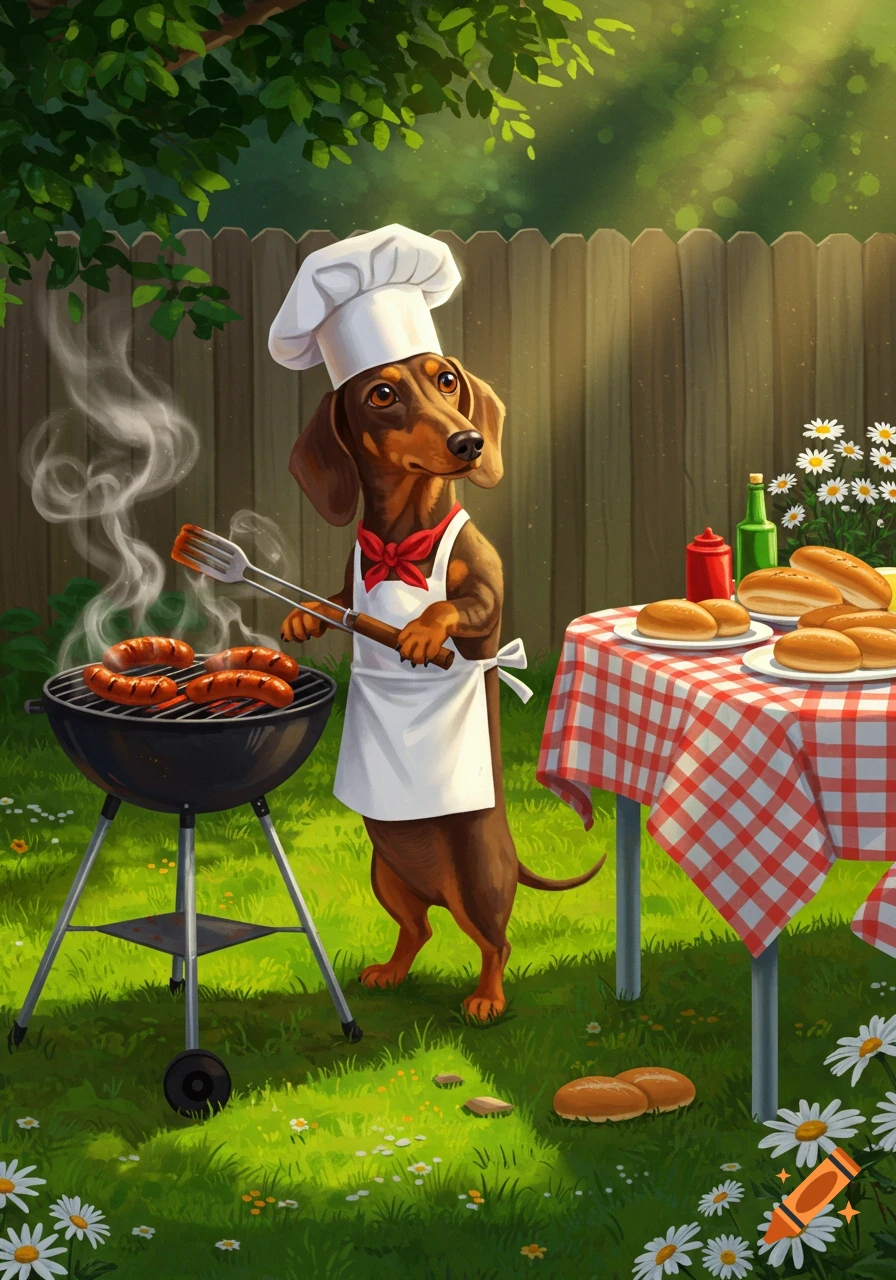 A cartoon dachshund chef grills hot dogs in a sunny backyard, wearing a chef hat and apron, next to a table with buns.