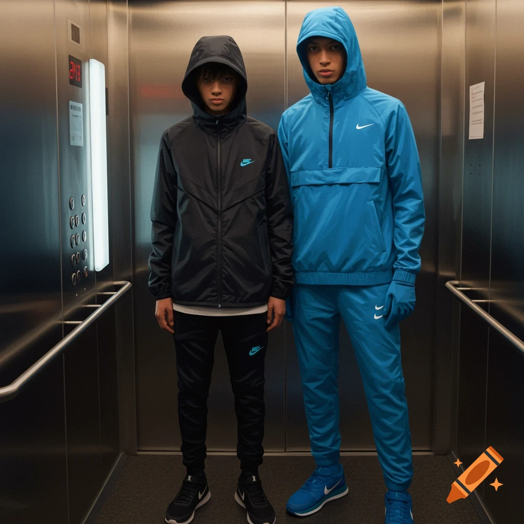 Two young men in hooded Nike tracksuits, one black and one blue, stand in a metallic elevator.