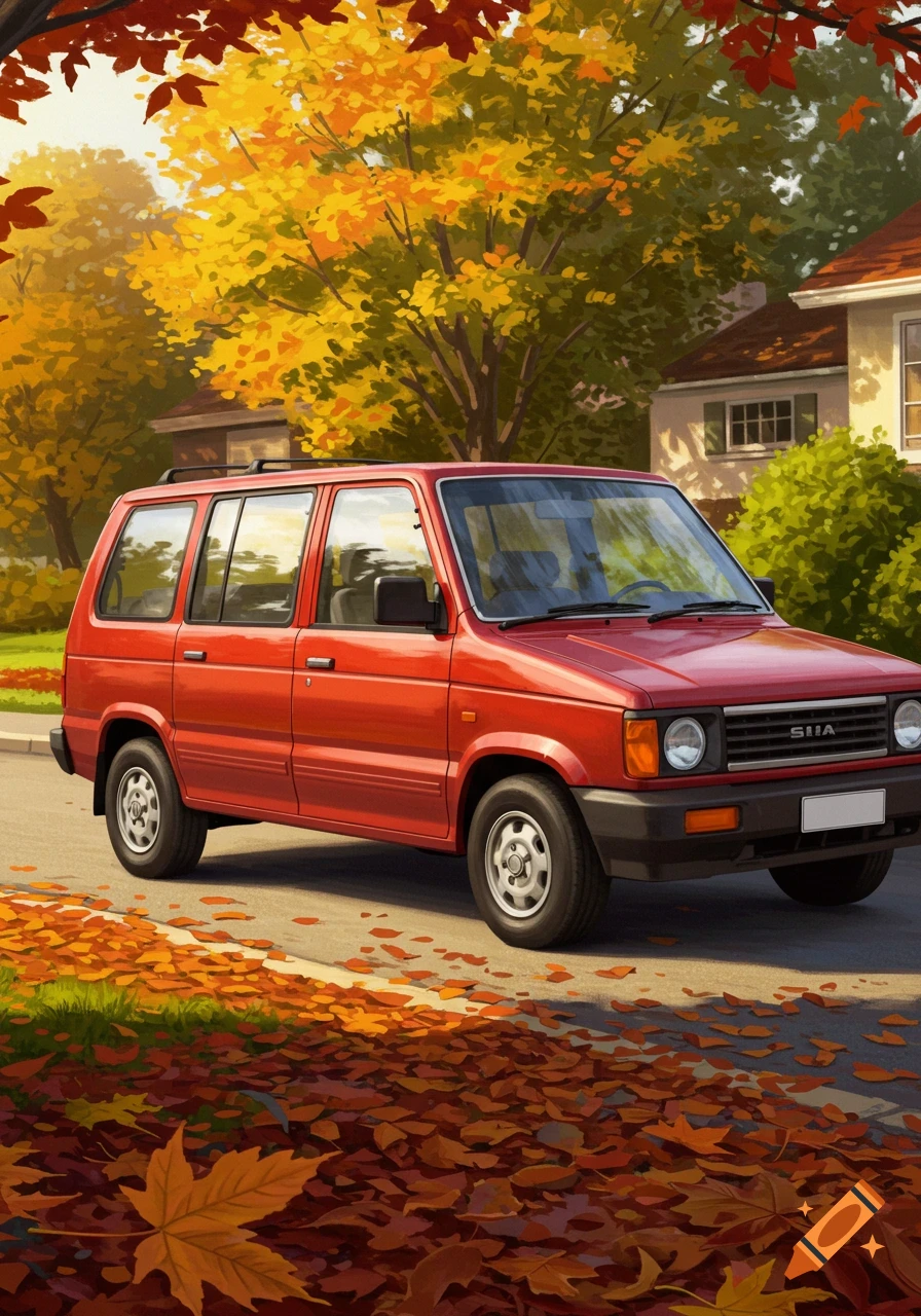 A red car parked on a residential street covered in autumn leaves, surrounded by trees with yellow and orange foliage, in an illustrative style.