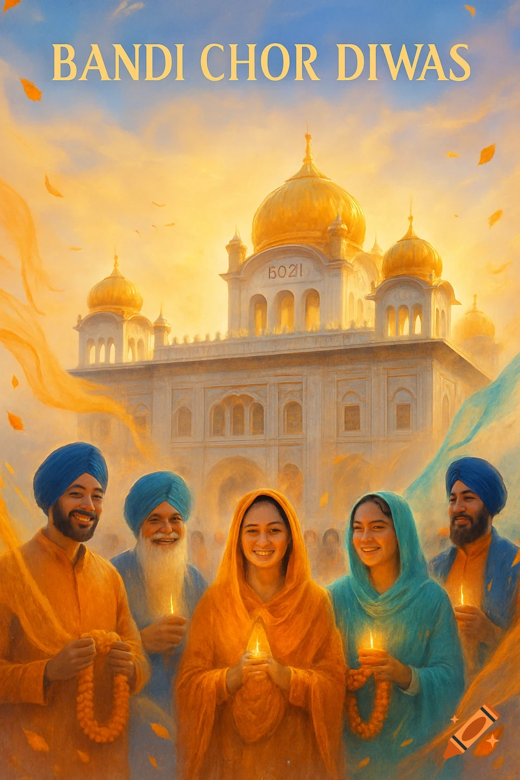 Sikh people celebrating Bandi Chor Diwas in front of a golden-domed temple, with text "BANDI CHOR DIWAS" above.