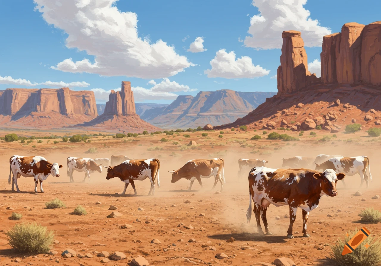 A herd of brown and white cows in a dusty desert landscape with large red rock formations and a blue sky with white clouds.