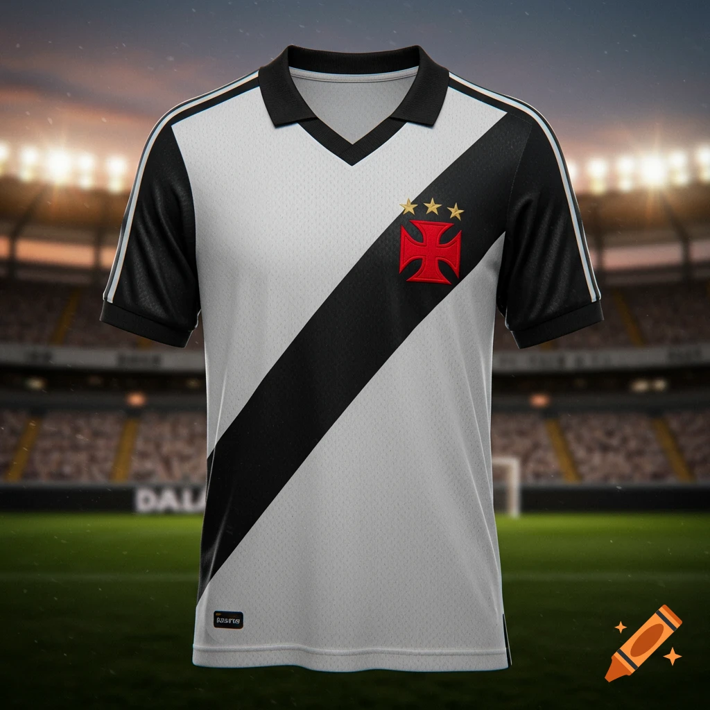 A photorealistic white and black soccer jersey with a red cross emblem and three gold stars on the chest, in a stadium.