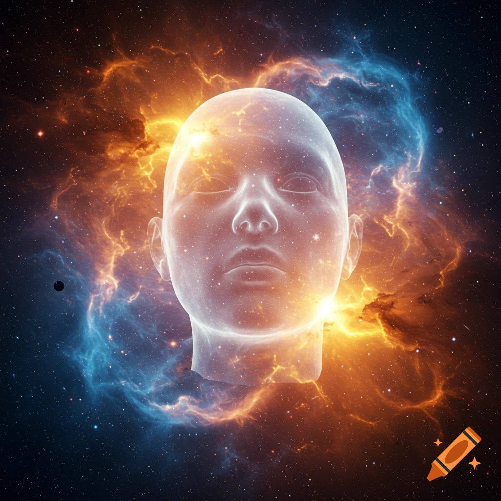 A glowing, ethereal human head floats amidst swirling orange and blue nebulae and stars in deep space, digital art.